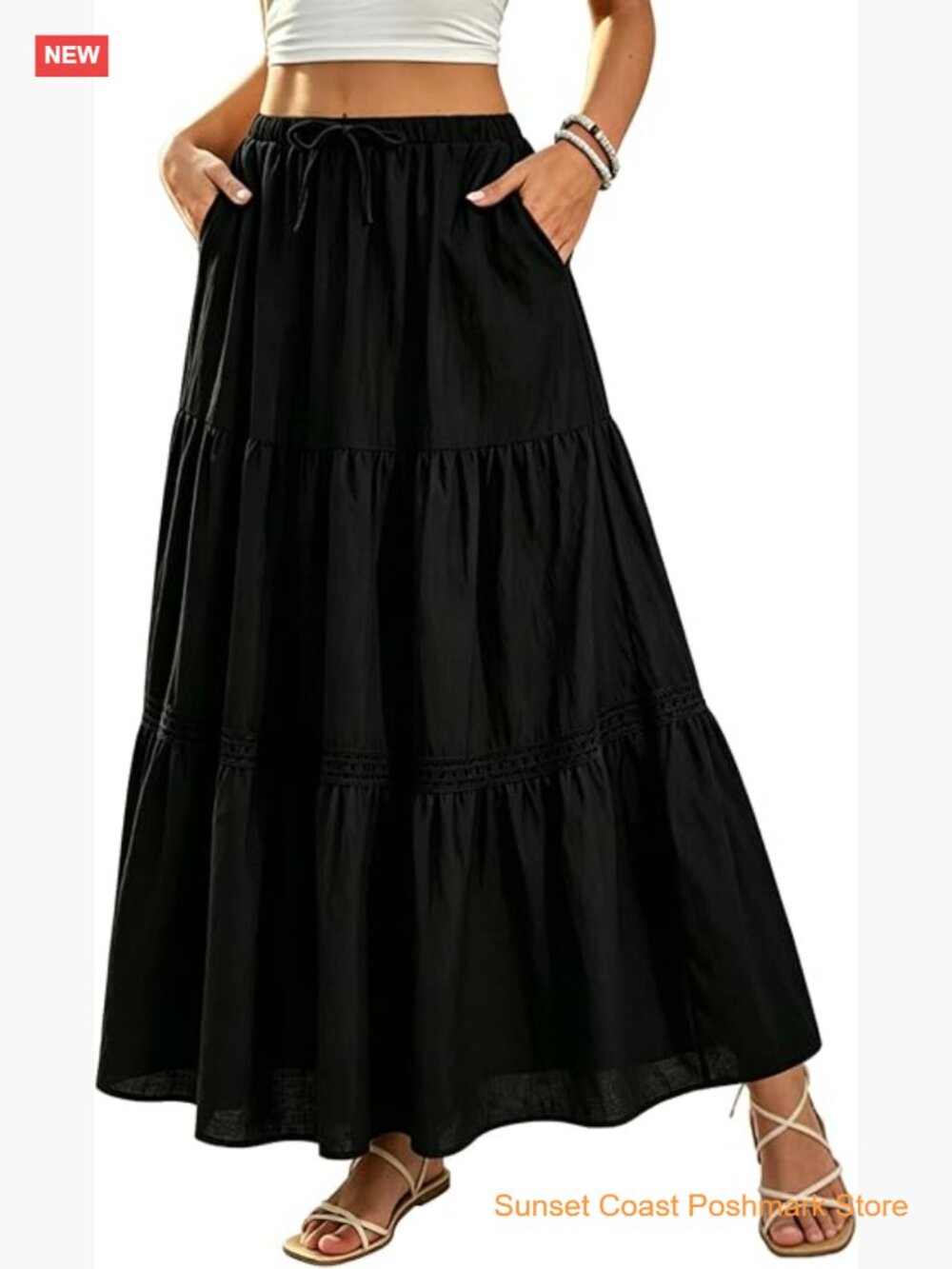 Boho Lace Trim Tiered A-Line Maxi Skirt High Waisted with Pockets
